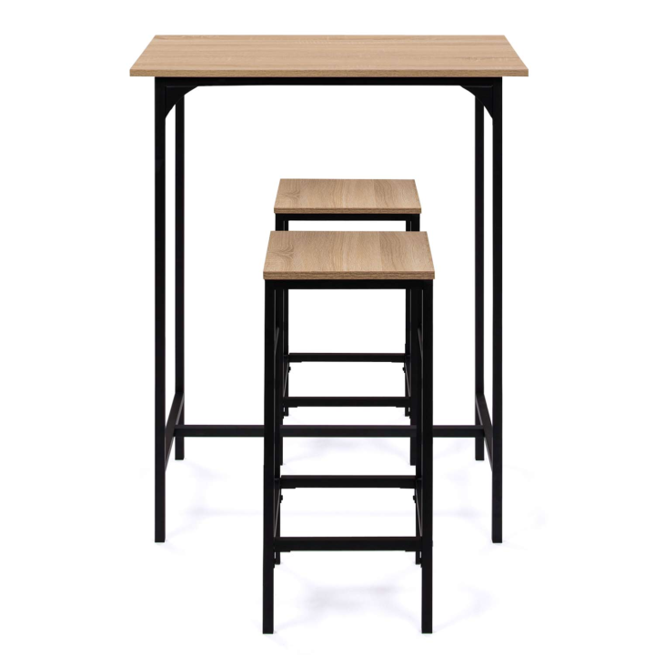 Ensemble table haute de bar DETROIT 80 cm et 2 tabourets design industriel