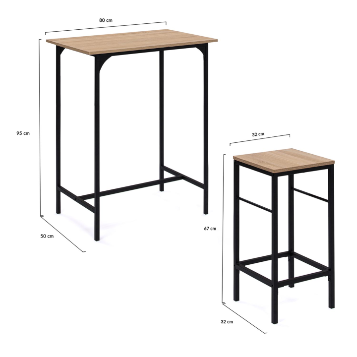 Ensemble table haute de bar DETROIT 80 cm et 2 tabourets design industriel