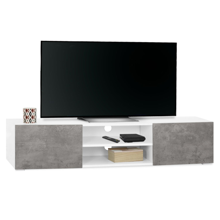 Mueble TV blanco 140 cm con puertas efecto hormigón - ELI | ID Market