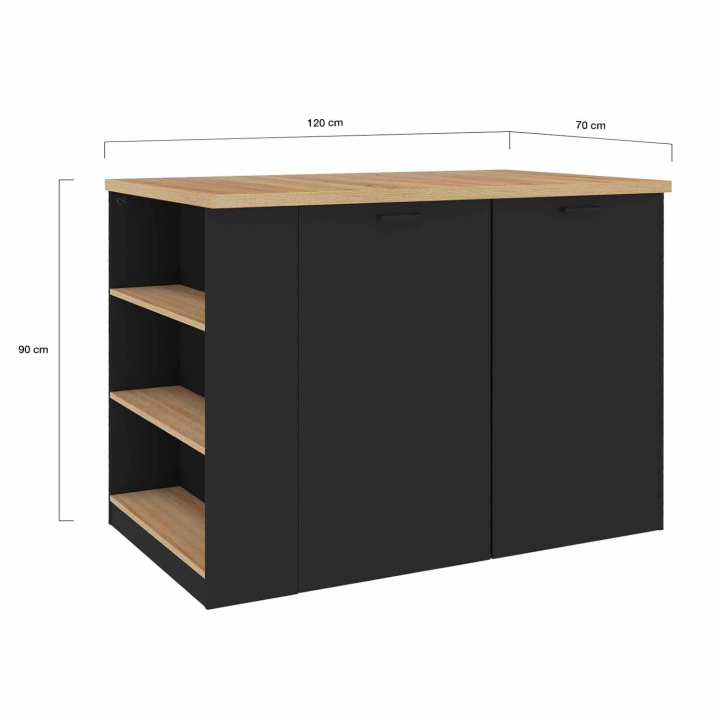 Ilot central TIBO 120 cm bois noir avec plan de travail façon hêtre