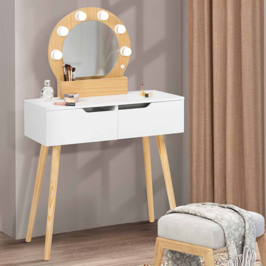 Coiffeuse scandinave blanche et bois avec miroir LED et tiroirs