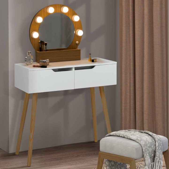 Coiffeuse scandinave 2 tiroirs HORIA bois et blanc avec miroir