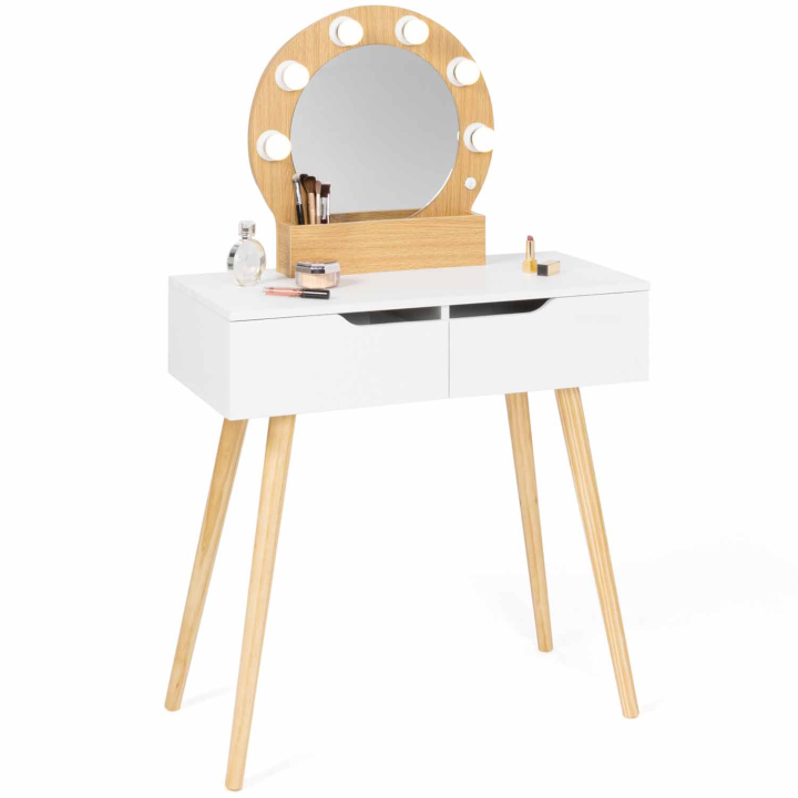 Coiffeuse scandinave 2 tiroirs HORIA bois et blanc avec miroir