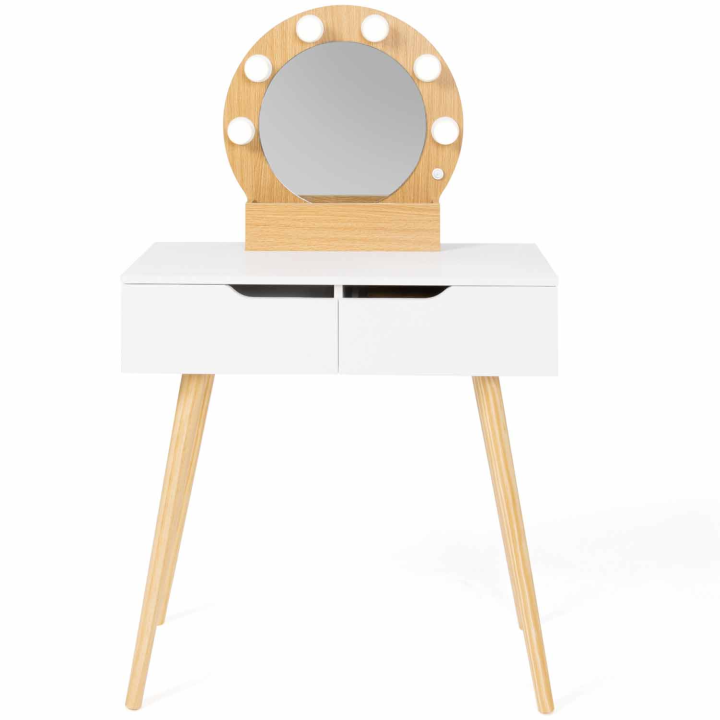 Coiffeuse scandinave 2 tiroirs HORIA bois et blanc avec miroir