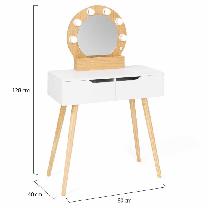 Coiffeuse scandinave 2 tiroirs HORIA bois et blanc avec miroir