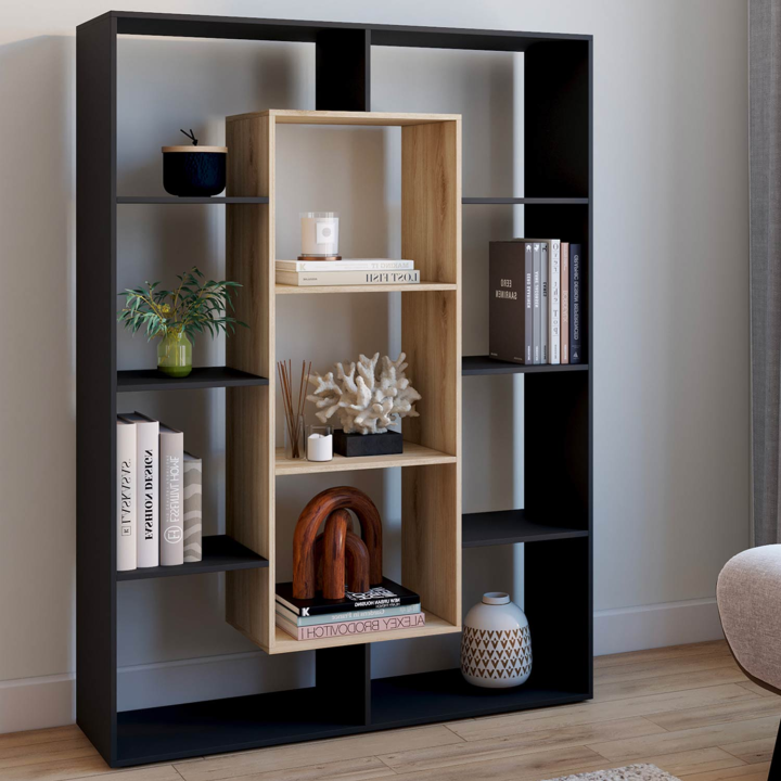 Etagère bibliothèque COLETTE avec 11 compartiments effet bois et noir H.143 cm