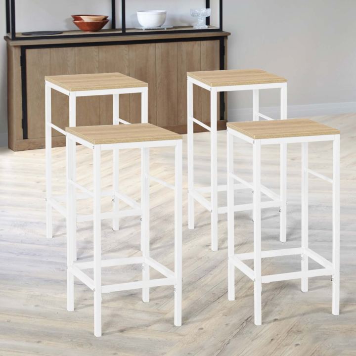 Lot de 4 tabourets de bar DETROIT design industriel bois et métal blanc