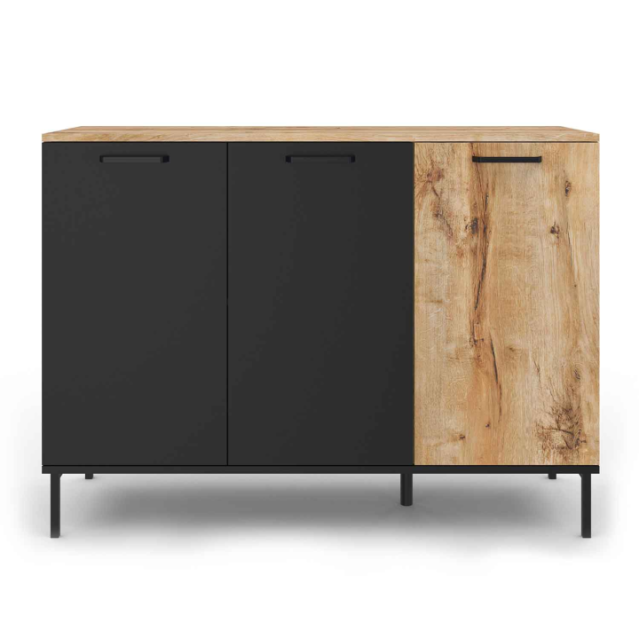 Buffet 110 cm OAKLAND 3 portes bois et noir design industriel