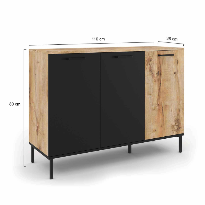 Buffet 110 cm OAKLAND 3 portes bois et noir design industriel