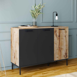 Buffet 110 cm OAKLAND 3 portes bois et noir design industriel