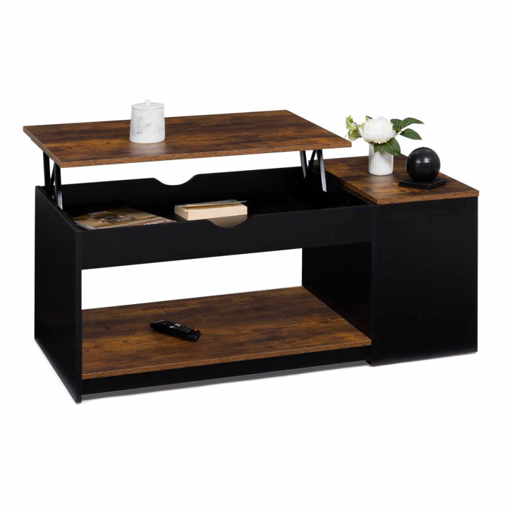 Table basse plateau relevable ELEA avec coffre bois effet vieilli et noir