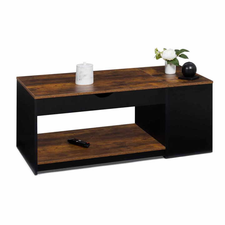 Table basse plateau relevable ELEA avec coffre bois effet vieilli et noir