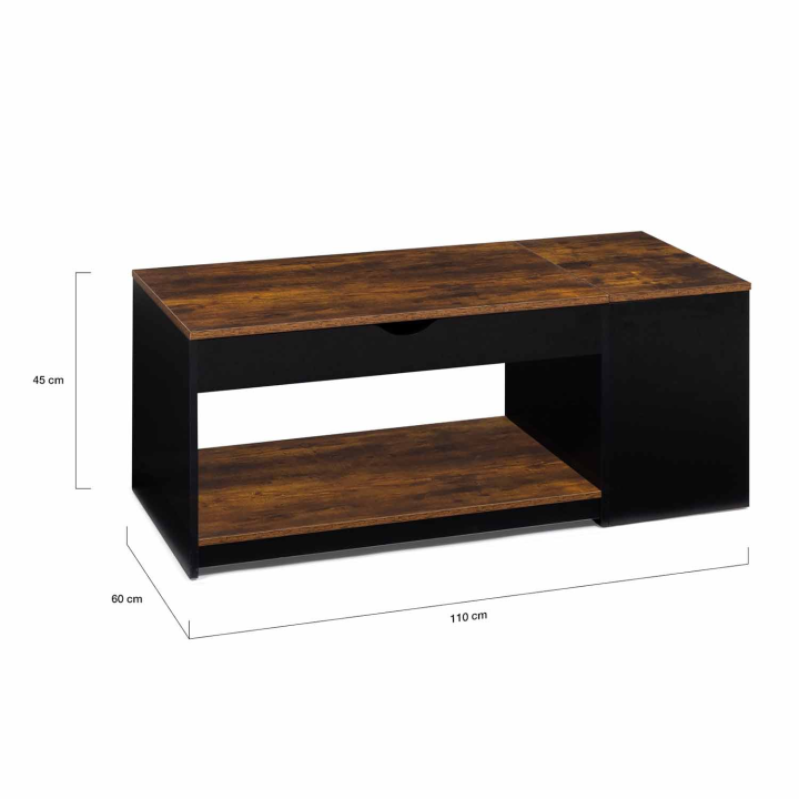 Table basse plateau relevable ELEA avec coffre bois effet vieilli et noir