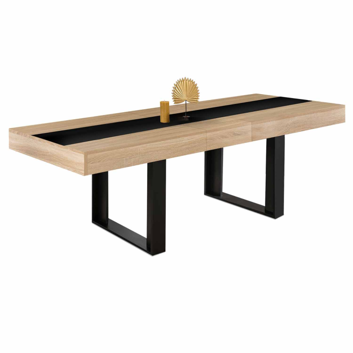 Table à manger extensible rectangle PHOENIX 6-10 personnes bois et noir bande centrale noire 160-200 cm