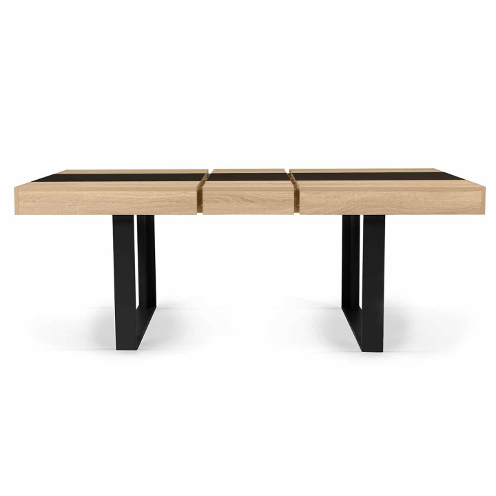 Table à manger extensible rectangle PHOENIX 6-10 personnes bois et noir bande centrale noire 160-200 cm