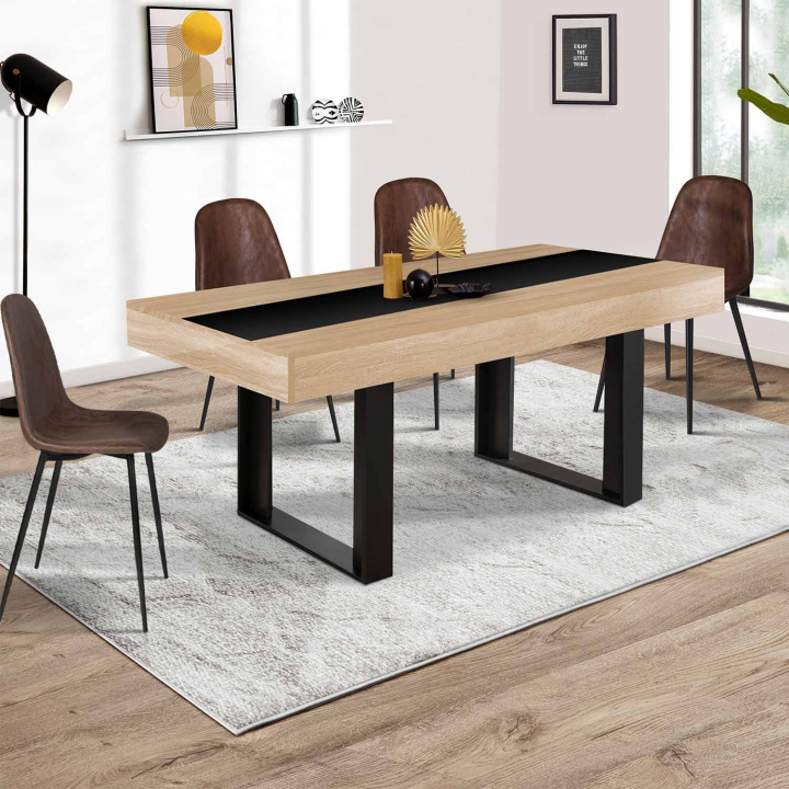 Table à manger extensible rectangle PHOENIX 6-10 personnes bois et noir bande centrale noire 160-200 cm