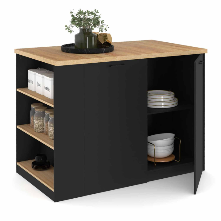 Ilot central TIBO 120 cm bois noir avec plan de travail façon hêtre