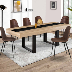 Table à manger extensible rectangle PHOENIX 6-10 personnes bois et noir bande centrale noire 160-200 cm