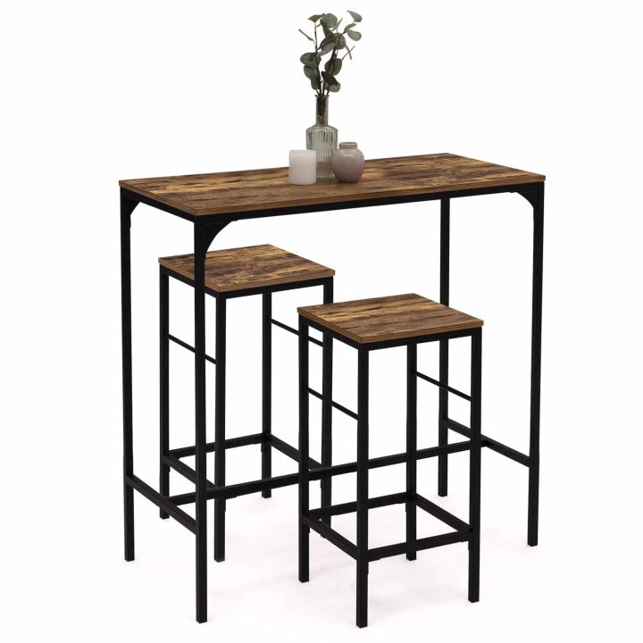 Ensemble table haute de bar DAYTON 95 cm et 2 tabourets effet vieilli design industriel