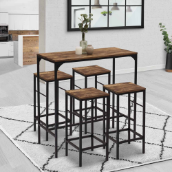 Table haute de bar DAYTON 100 cm et 4 tabourets effet vieilli design industriel