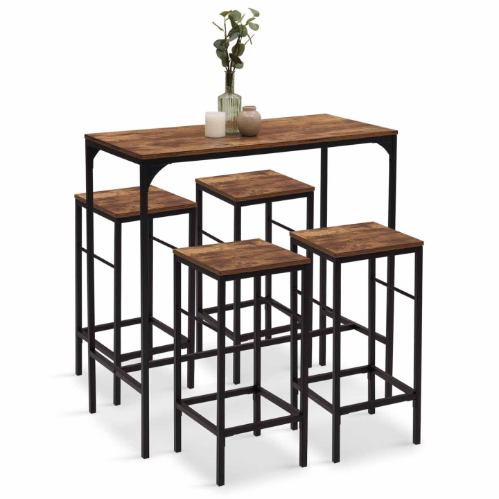 Table haute de bar DAYTON 100 cm et 4 tabourets effet vieilli design industriel