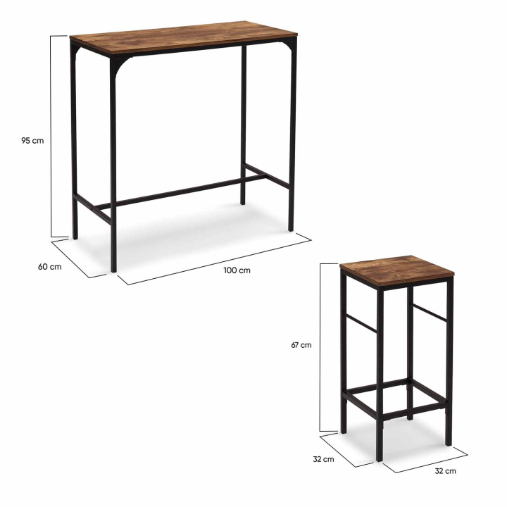 Table haute de bar DAYTON 100 cm et 4 tabourets effet vieilli design industriel