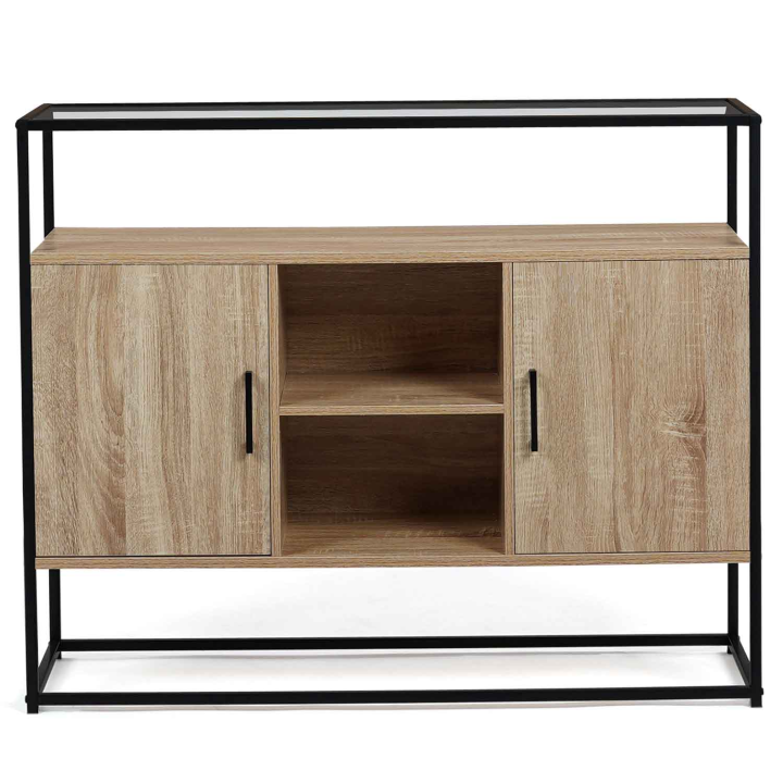 Buffet 2 portes 100 cm SOLANO plateau en verre et pied métal design industriel