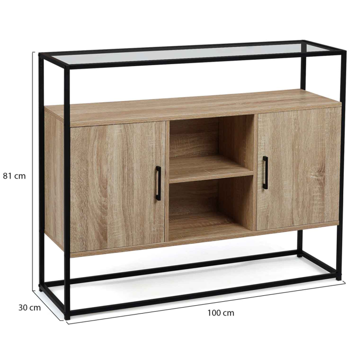 Buffet 2 portes 100 cm SOLANO plateau en verre et pied métal design industriel