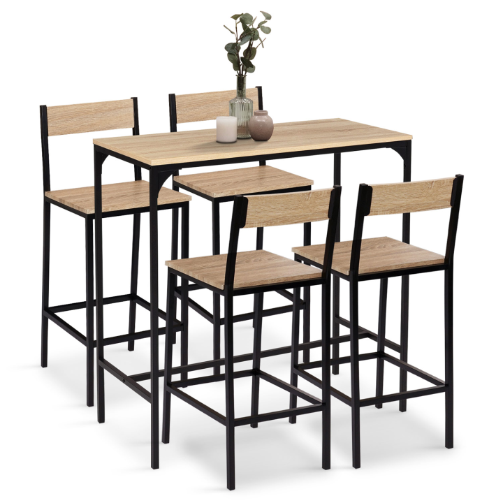 Ensemble table haute de bar DETROIT 100 cm et 4 chaises de bar design industriel