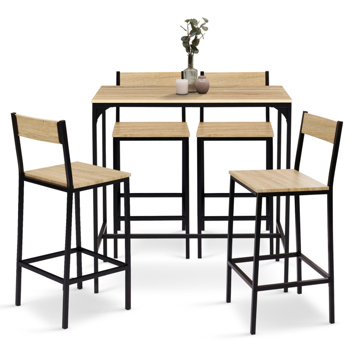 Ensemble table haute de bar DETROIT 100 cm et 4 chaises de bar design industriel