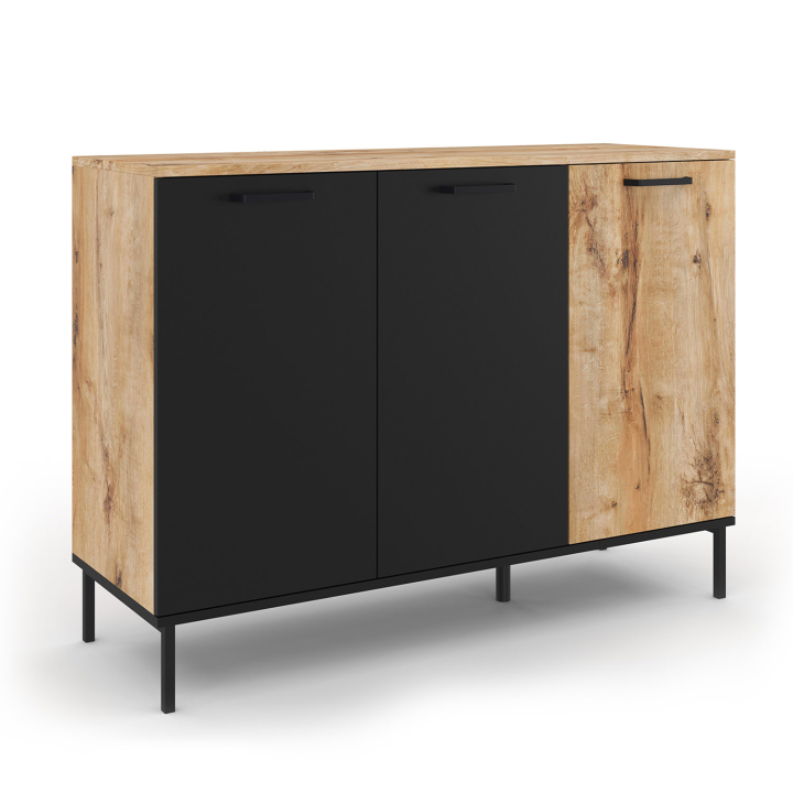 Buffet 110 cm OAKLAND 3 portes bois et noir design industriel