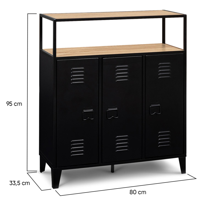 Meuble de bar buffet 3 portes ESTER plateau façon hêtre en bois et métal noir