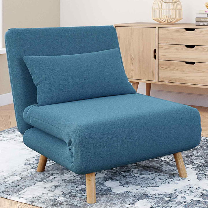 Fauteuil convertible ROMEO lit d'appoint 1 place 80x190 cm tissu bleu canard