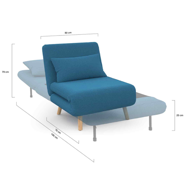 Fauteuil convertible ROMEO lit d'appoint 1 place 80x190 cm tissu bleu canard