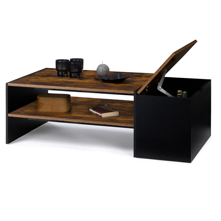 Table basse bar contemporaine IZIA avec coffre bois effet vieilli et noir