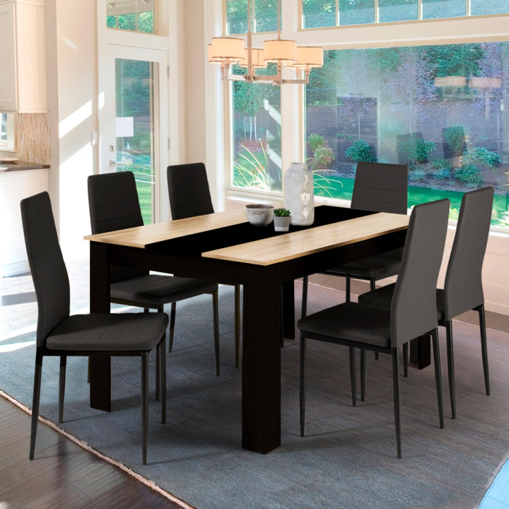 Mesa de comedor extensible 6-10 personas imitación haya y negro - GEORGIA | ID Market