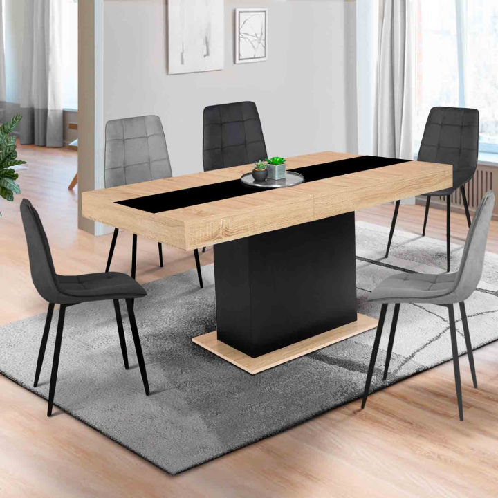 Table à manger extensible rectangle EDEN 6-10 personnes bois et noir bande centrale noire 160-200 cm