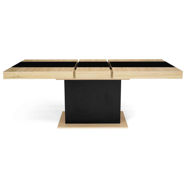 Table à manger extensible rectangle EDEN 6-10 personnes bois et noir bande centrale noire 160-200 cm