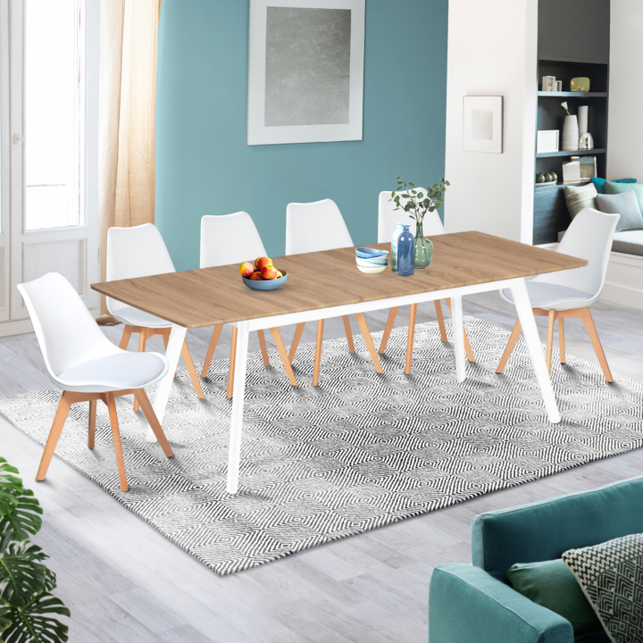 Mesa extensible escandinava con tablero de madera y patas blancas baratas - INGA | ID Market