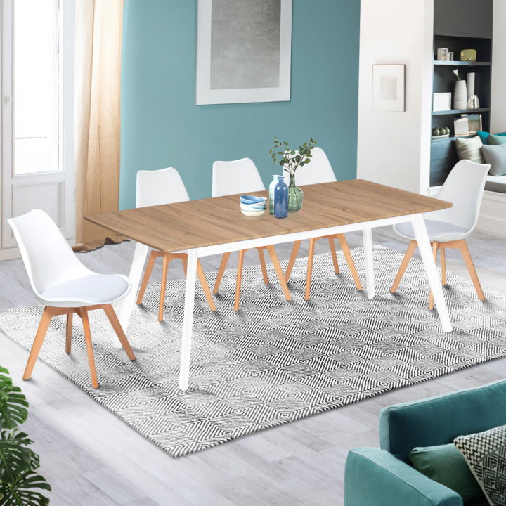 Mesa extensible escandinava con tablero de madera y patas blancas baratas - INGA | ID Market