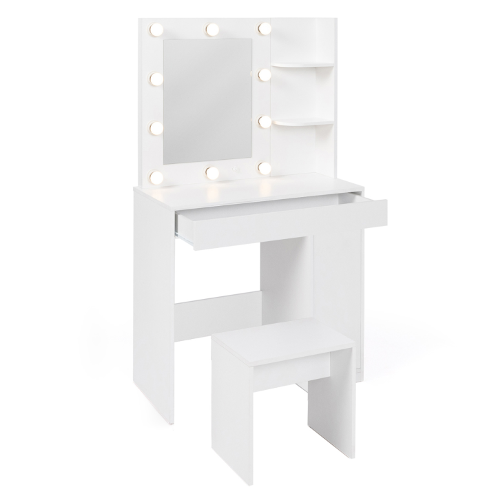 Coiffeuse ZELIA miroir LED avec 1 tiroir, étagères, caisson de rangement et tabouret