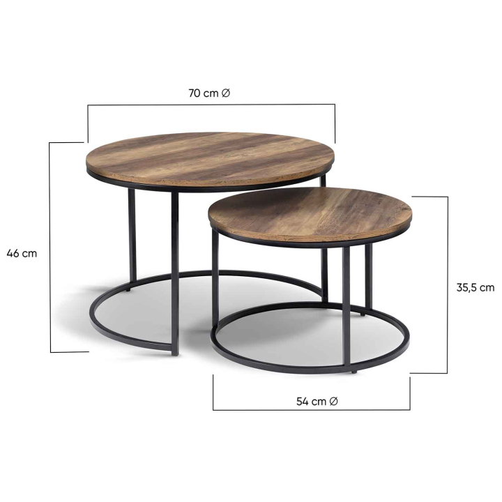 Lot de 2 tables basses gigognes HAWKINS rondes 54/70 effet vieilli design industriel