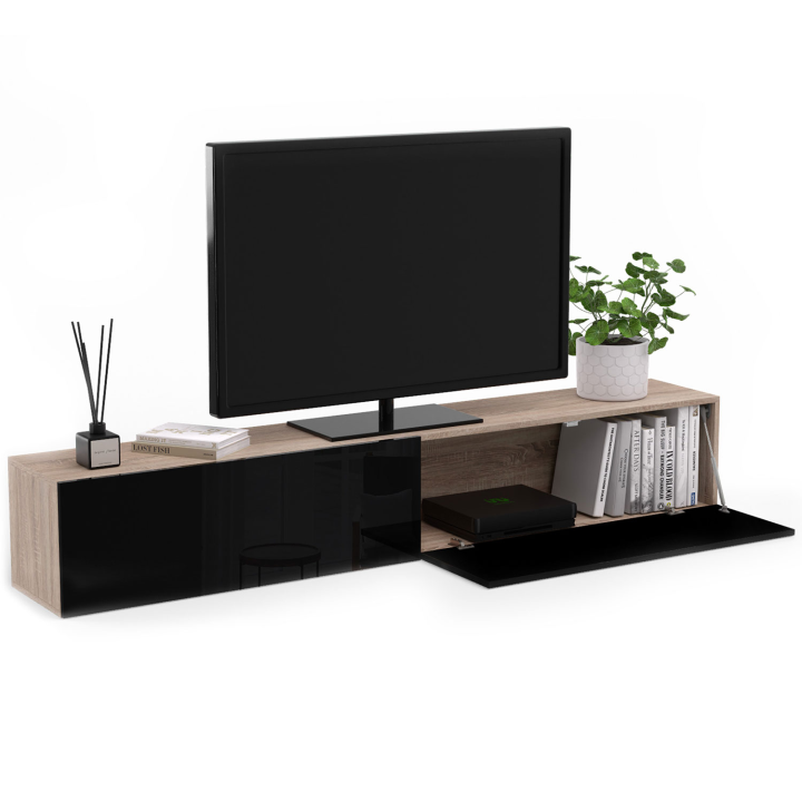 Meuble TV 180 cm suspendu ELIO 2 portes bois et noir