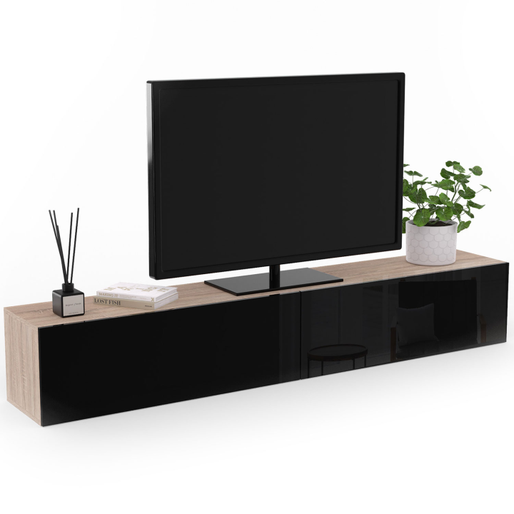 Meuble TV 180 cm suspendu ELIO 2 portes bois et noir