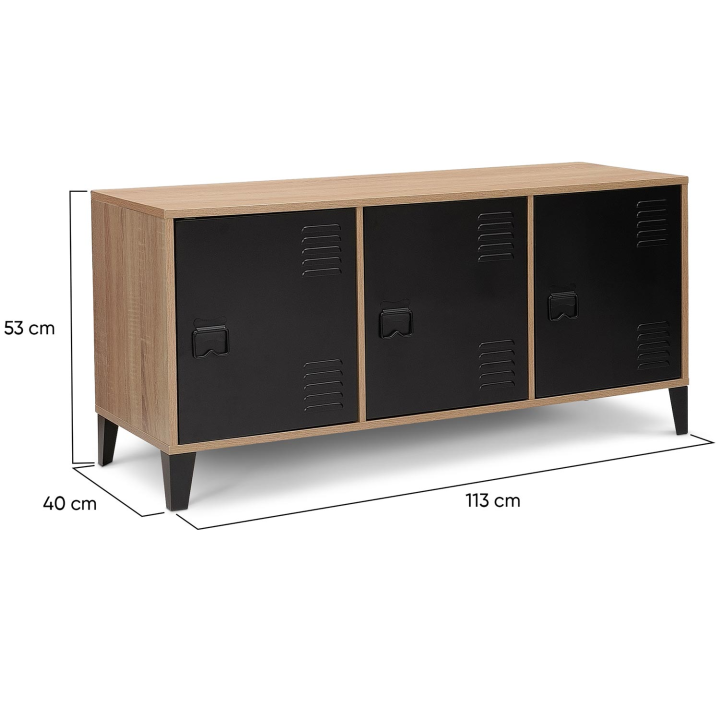 Buffet bas 113 cm ESTER bois 3 portes métal noir design industriel