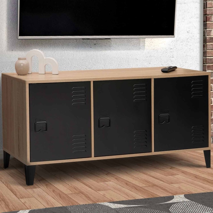 Buffet bas 113 cm ESTER bois 3 portes métal noir design industriel