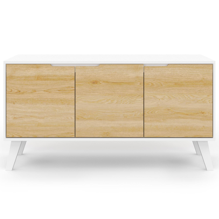 Buffet bas scandinave 113 cm FINN blanc 3 portes façon hêtre