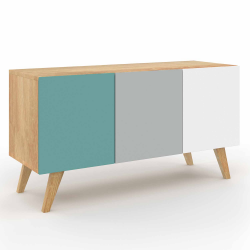 Buffet bas scandinave 113 cm ALICE 3 portes bleu, gris et blanc