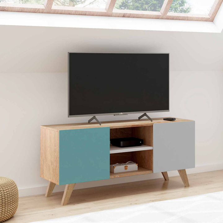 Meuble TV 113 cm scandinave ALICE bleu, gris et blanc