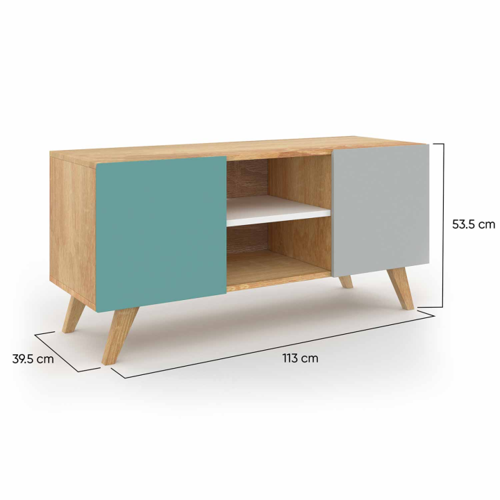 Meuble TV 113 cm scandinave ALICE bleu, gris et blanc